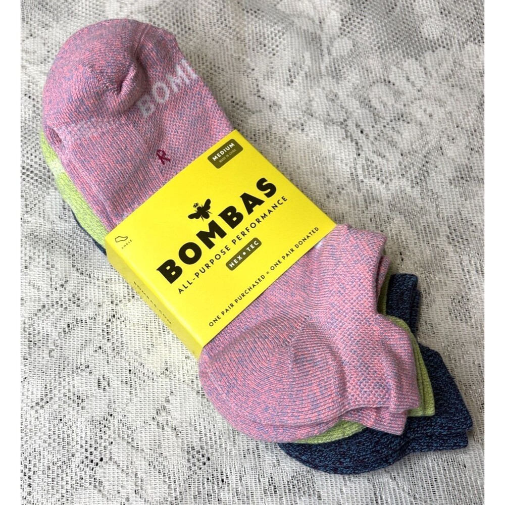 3 Pack Bombas All Purpose Performance Ankle Sock Pink Green Blue Women's Medium